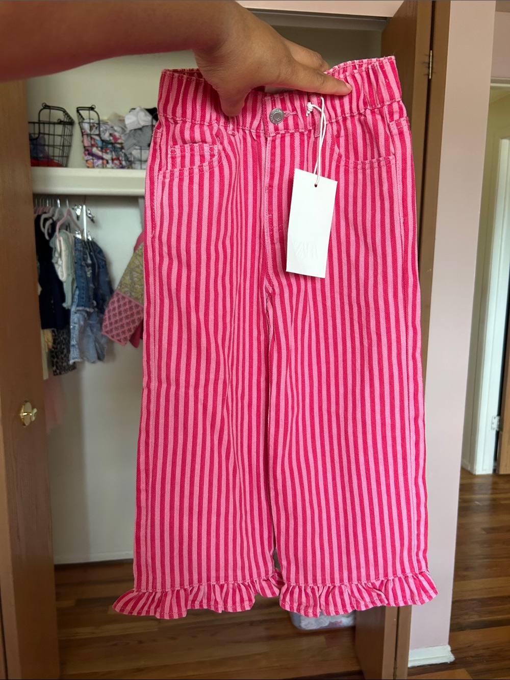 Zara Pink Striped Ruffle-Hem Girls Pants